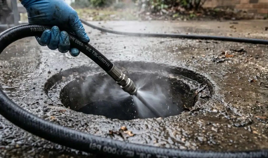 Technician using a high-pressure hydro jetting hose to clean a clogged sewer line in Chattanooga, TN